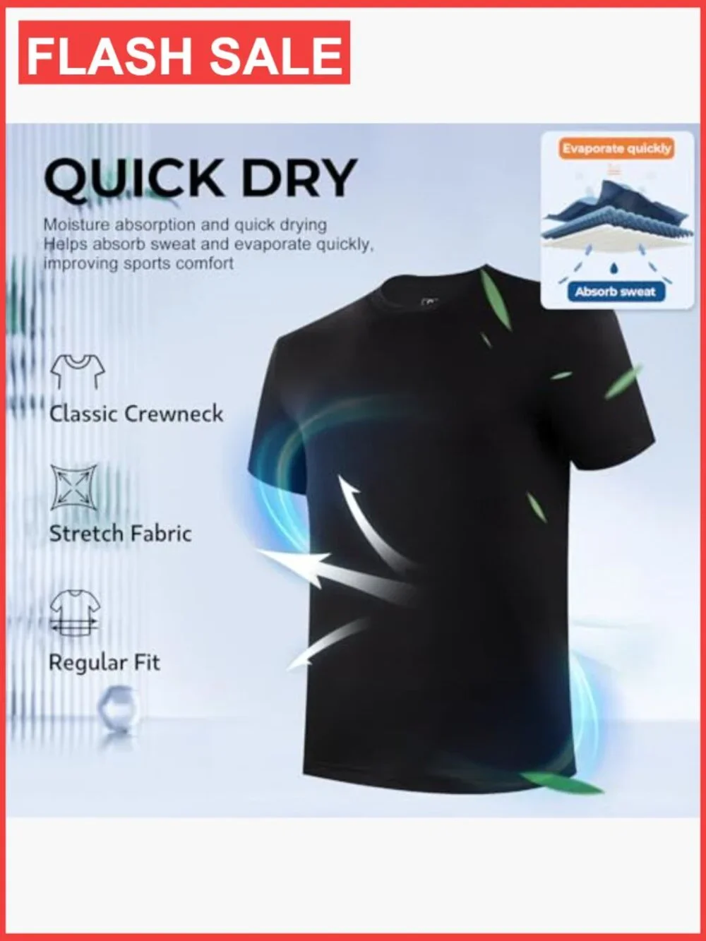 3-Pack Men's Crew Neck Undershirts Moisture Wicking Stretch Tees